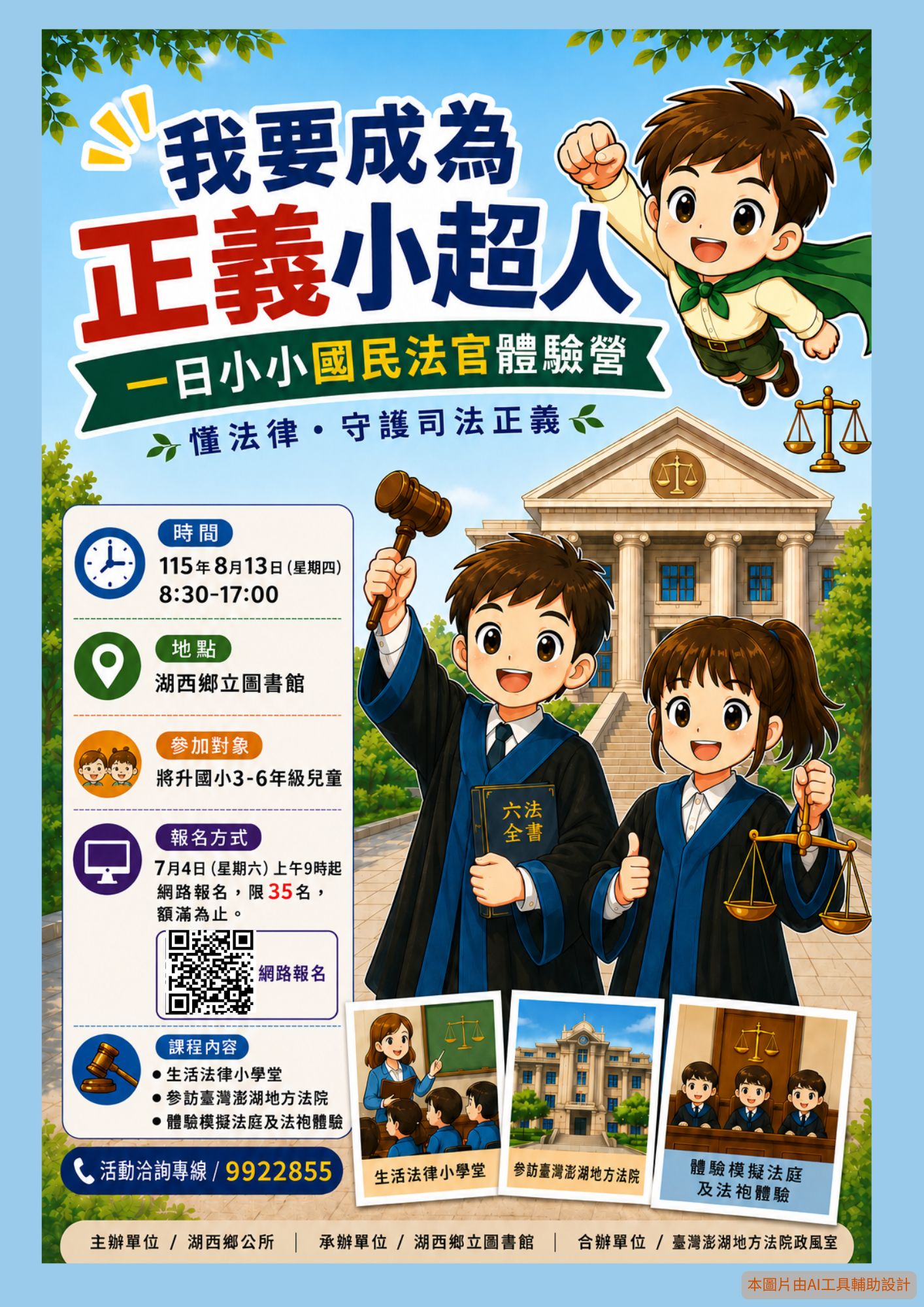 【活動】湖西鄉立圖書館「我要成為正義小超人：一日小小國民法官體驗營」7/4開始報名